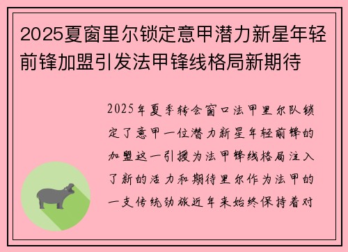 2025夏窗里尔锁定意甲潜力新星年轻前锋加盟引发法甲锋线格局新期待 2025夏窗里尔锁定意甲潜力新星年轻前锋加盟引发法甲锋线格局新期待
